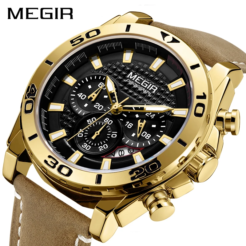 Relogio Masculino часы megir для мужские с большим циферблатом модные хронограф, мужские часы Роскошные брендовые кожаные Наручные часы мужские s