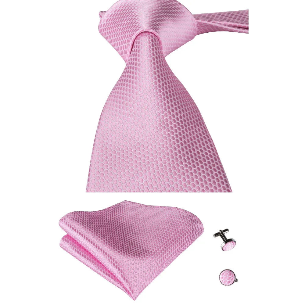 DiBanGu Hot Selling Light Pink Color Solid Plaid Men's Ties Set With Hanky Cufflinks 100 Silk