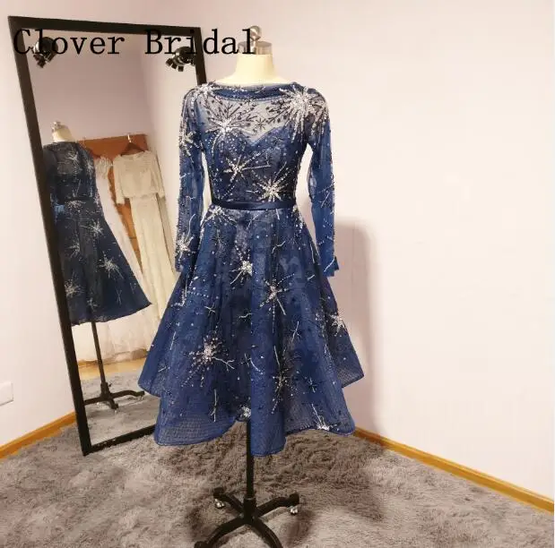 Темно-синие вечерние платья сияющий кристалл бисером довольно Тюль Кружева Короткие вечерние платья Robe De Soiree вечернее платье