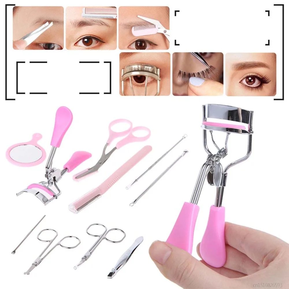 

FSHALL 10pcs/set Eyebrow Tools Kit Stainless Steel Tweezers Scissors Razor Eyelash Curler Makeup Tool