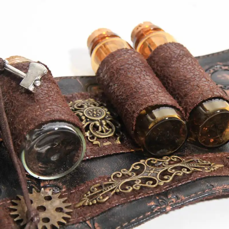 Steampunk Wrist Band With Vial Bottles Brown PU Leather Wrist Strap Band