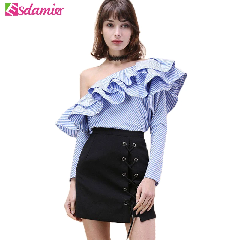 

Summer Off Shoulder Top Elegant Blue Striped Womens Tops And Blouses Long Sleeve Ruffle Top One Shoulder Chemise Femme Shirt