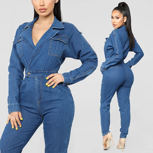 Wjustforu Long Sleeve Denim Bodysuit For Women Fashion Bodycon Bandage