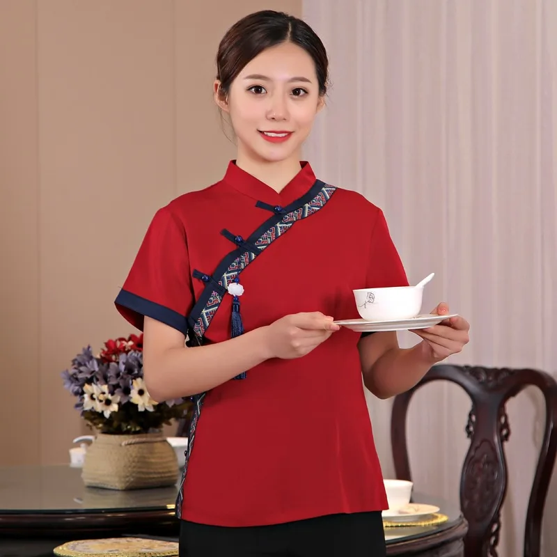  Chinese Style Waiter Uniform Summer Teahouse Featured Hotel Restaurant Overalls Short Sleeve Cafe K - 33026700243