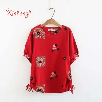 

Plus size floral Embroidered cotton linen women t shirts 2019 O-Neck t-shirts short sleeve ladies tshirt summer tee shirt femme