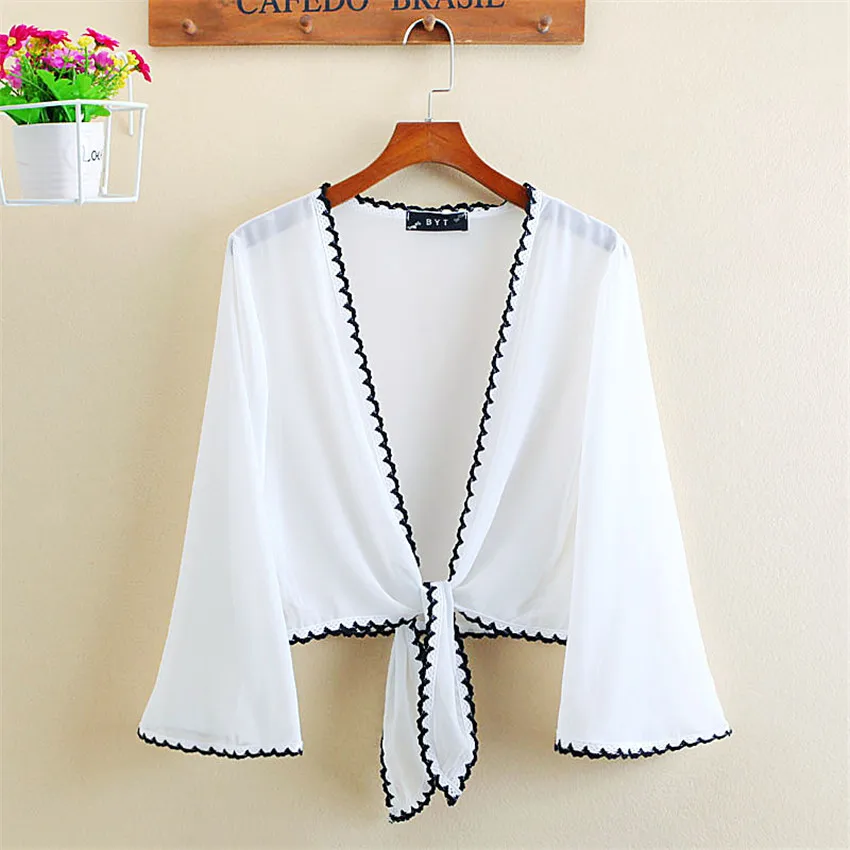 

2018 Summer S-3XL Women Short Chiffon Cardigan Blouses Female Bow Tie Lady Long Sleeve Sun Protection Clothing beach ShirtWZ231