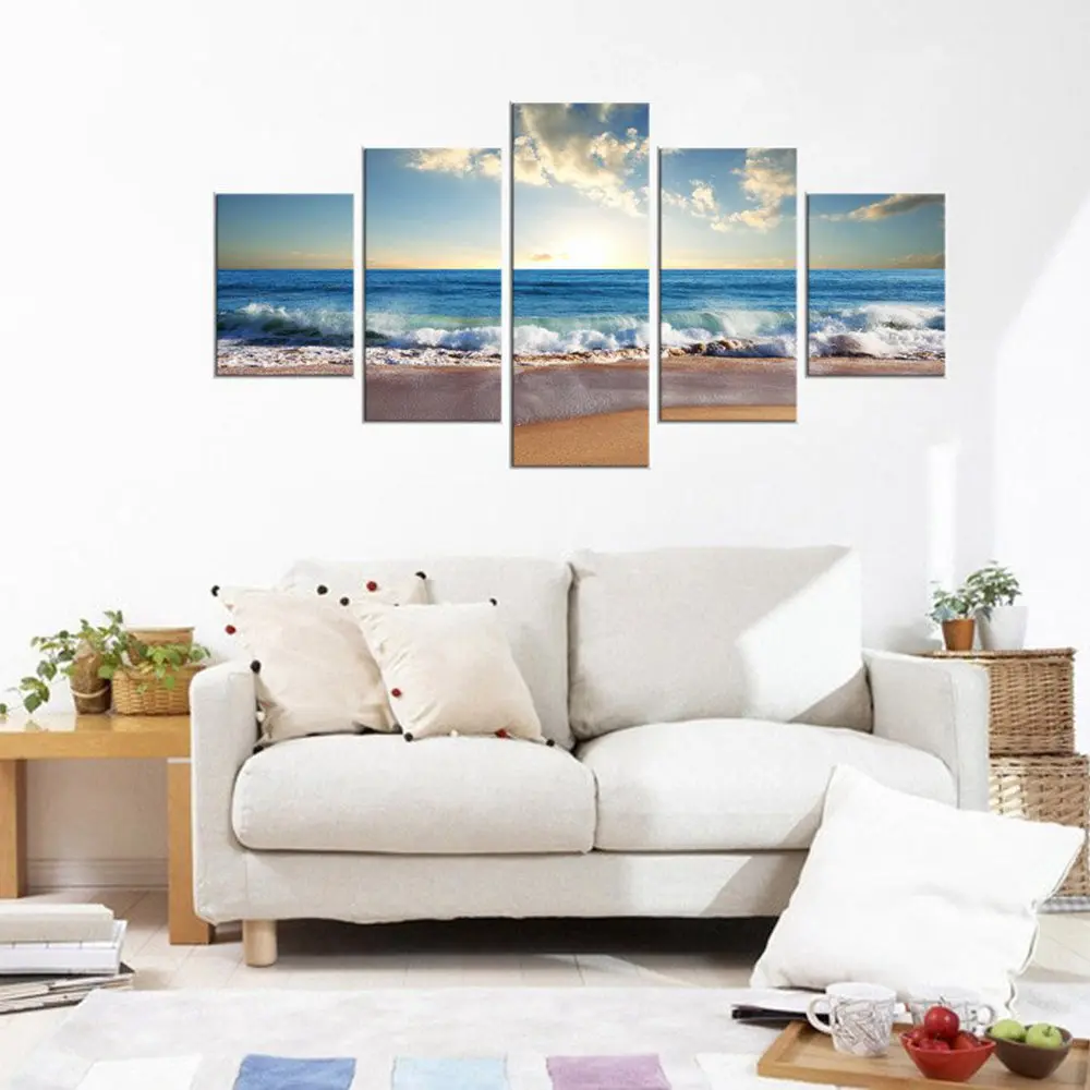 Waterfall Frame Canvas Wall Art Waves Sunset with Flying Sea Gulls Picture Contemporary Painting Seascape Artwork for Home Decor