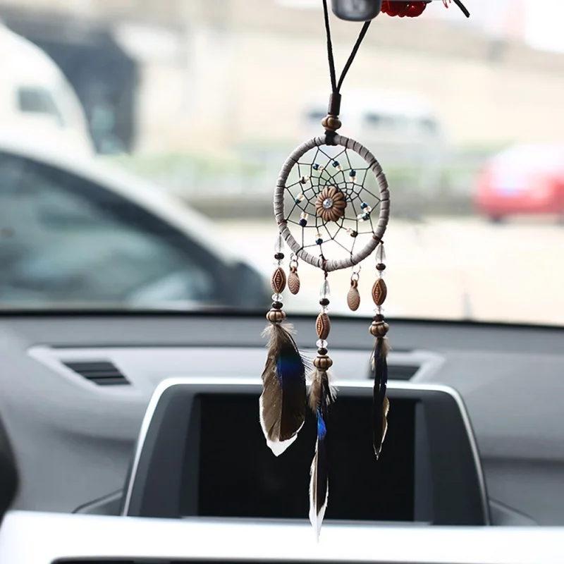 

Mini Car Dream Catcher Small Shells Beaded Natural Feathers Handcraft Chic Hanging Ornaments Bedroom Wall Decor Native Ring