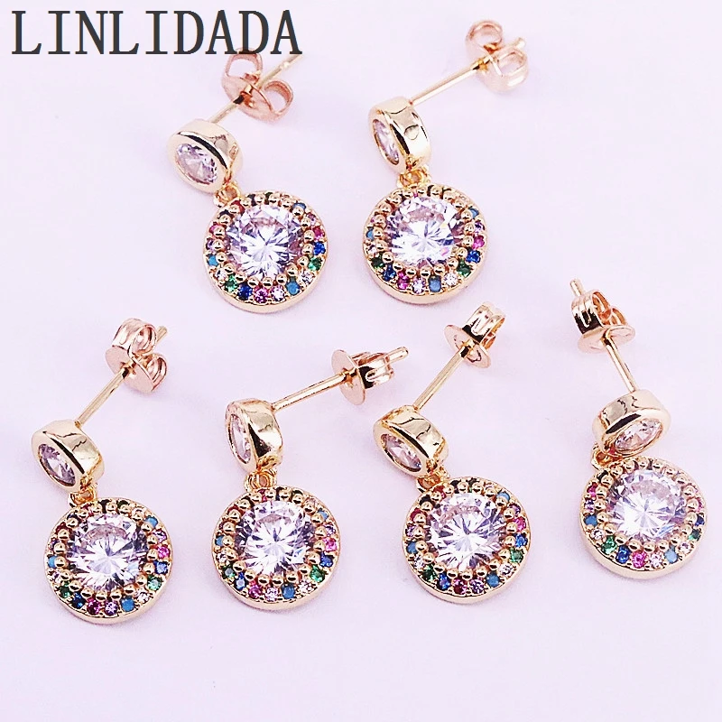 

6Pairs, Gold Color Copper Rainbow Cubic Zirconia CZ Paved Round Dangle Earrings Women's Party Fashion Jewelry