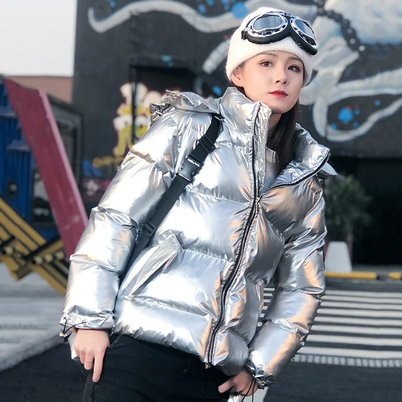 Женский зимний пуховик свободная короткая парка с капюшоном блестящая куртка