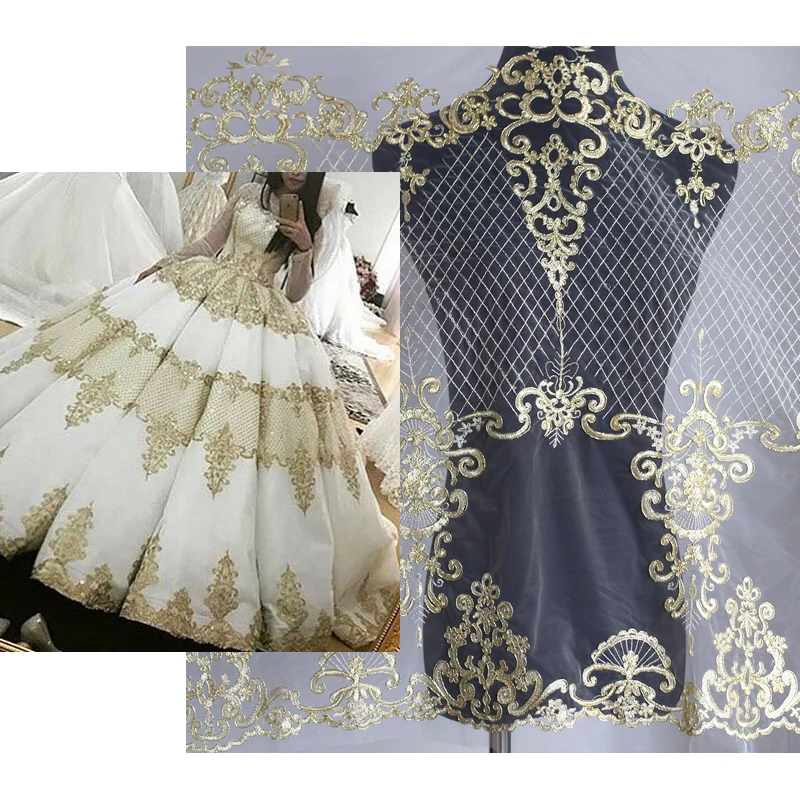 

5yards off White/black/gold guipure lace fabric sparkling sequins on tulle embroidery for wedding dress Lace Fabric