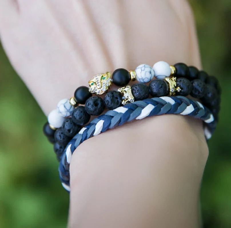 

Mcllroy charm bracelet men 8mm natural stone beads woven leather panther head crown couple bracelets bileklik gift jewelry 2019