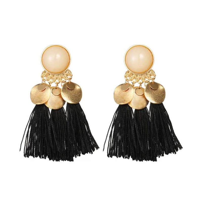 Fashion Ethnic Bohemian Tassel Crystal Long Earrings Black Beige Red Silk Fabric Drop Dangle Tassel Earrings For Women Jewelry