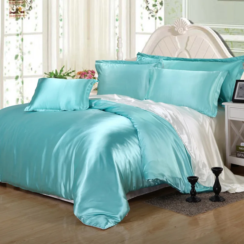 2016 Hot Silk Quilt White And Blue Satin Sheets Bed Linen