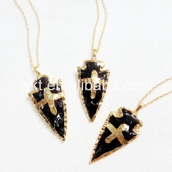 

WT-N710 Self Design Cross Arrow Chain Necklace natural black obsidian raw black stone cross desins in 24k gold trim necklaces