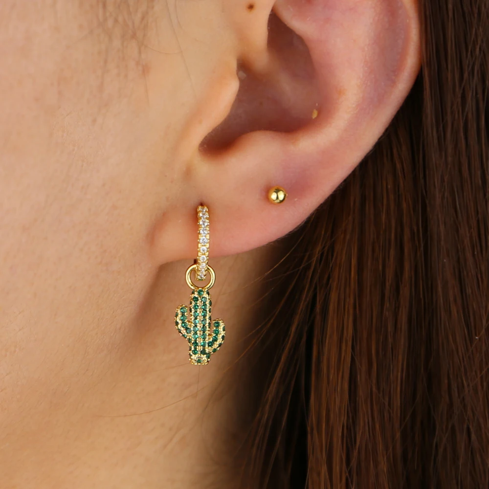 

tiny cute cactus dangle charm hoop huggie earring with green sparking cz cactus earrings