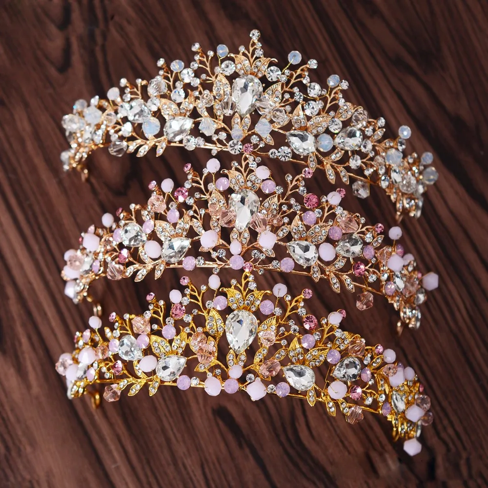 

3colors Trendy Crystal Tiara Pink Pearl Bridal Crown Hairband Headpiece Vine Tiara Wedding Hair Accessories Bride Headband