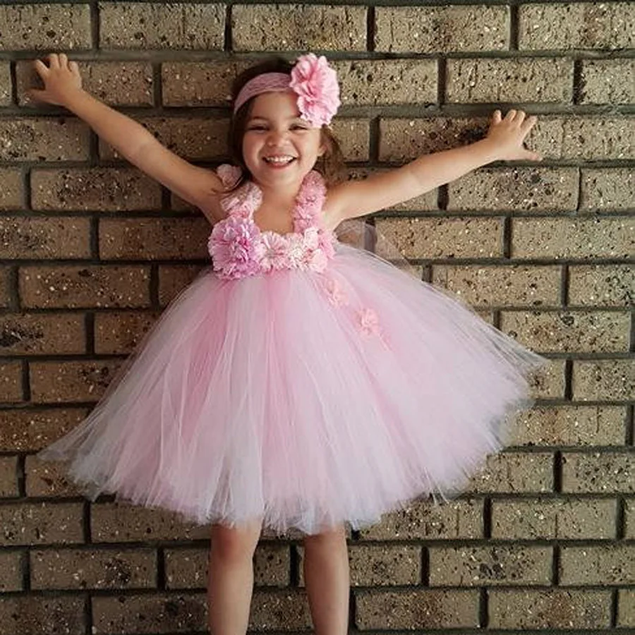 Pink and White Knee Length Tutu Dress with Headband Flower Girl Princess for Birthday Photo Wedding TS110 | Детская одежда и обувь