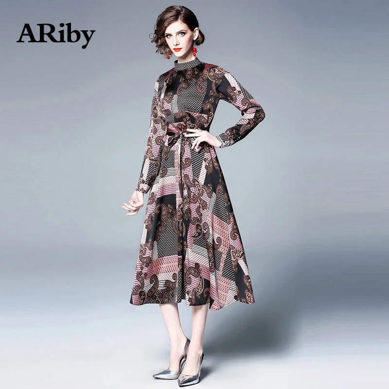 Women Dress Maxi Party Dress 2019 Spring Summer New Office Lace Print Vertical Collar Waist Strap Big Pendulum Long Sleeve Dress