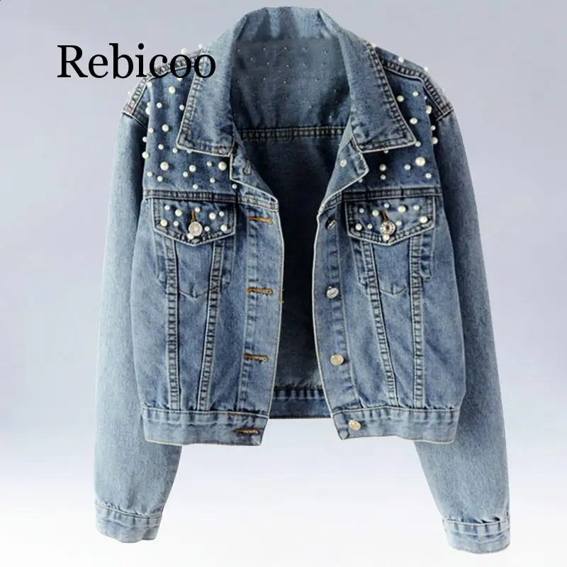 

Pearl Beaded Short Denim Jacket Women White Wash Long Sleeve Retro Casual Denim Jacket Bomber Denim Jacket