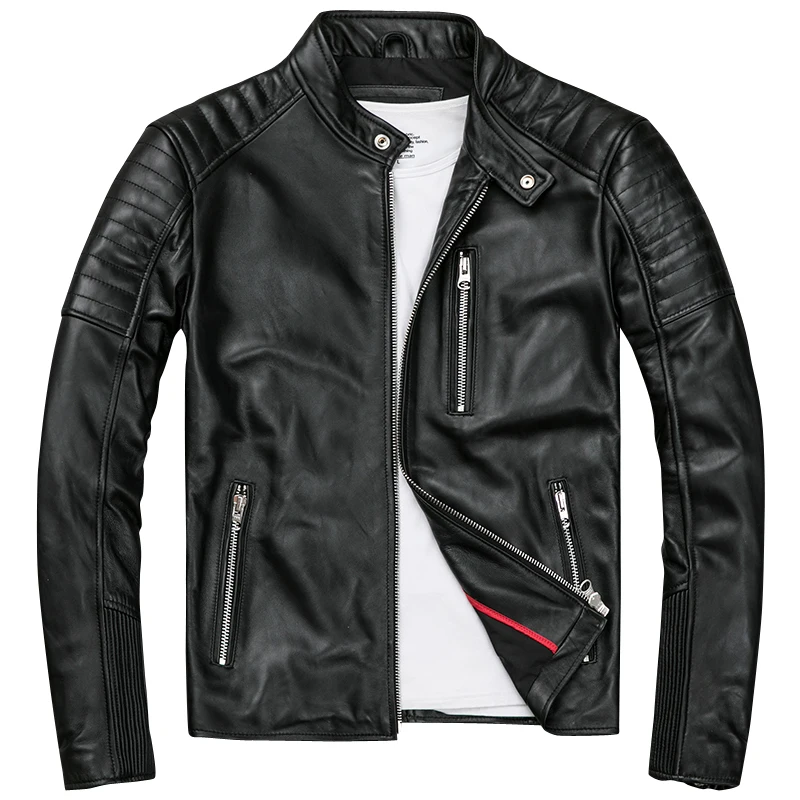

HARLEY DAMSON Black Men Short Biker's Leather Jacket Plus Size XXXXL Genuine Sheepskin Spring Russian Slim Fit Motorcycle Coat