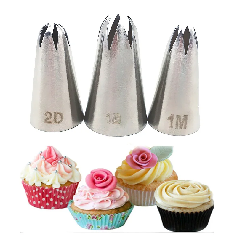 

3pcs Rose Cream Icing Piping Tips Cake Decoration Set Pastry Nozzles Tools Sugarcraft Bakeware Cupcake Nozzle Baking 1M 1B 2D