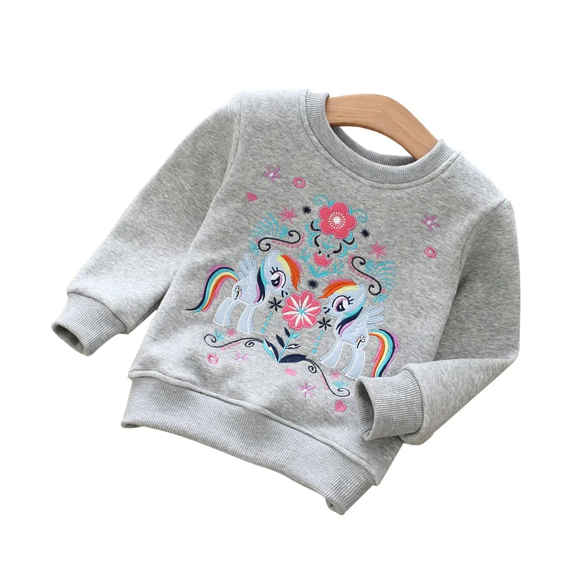 

New Baby Girl Clothes Autumn Winter Fleece Sweatshirt Fashion Cartoon Horse Pony Flower Embroidery Toddler Boys Thickened Tops