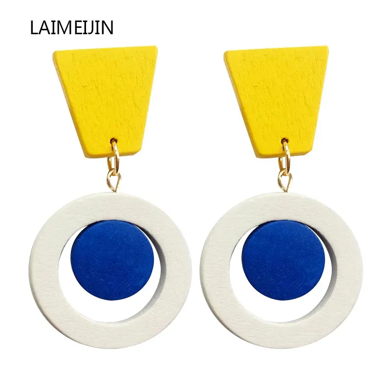 

Blue And Yellow Geometric Round Wooden Earrings For Women Simple New Dangle Drop Earrings Fashion Party Jewelry Gifts Ear Clips