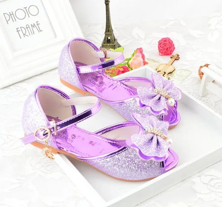 Детская одежда для девочек с украшением в виде кристаллов Сандалии со стразами для девочек; открытый носок; туфли на плоской подошве вечерние туфли в стиле «Принцесса» 26-37 розового и фиолетового цветов TX03