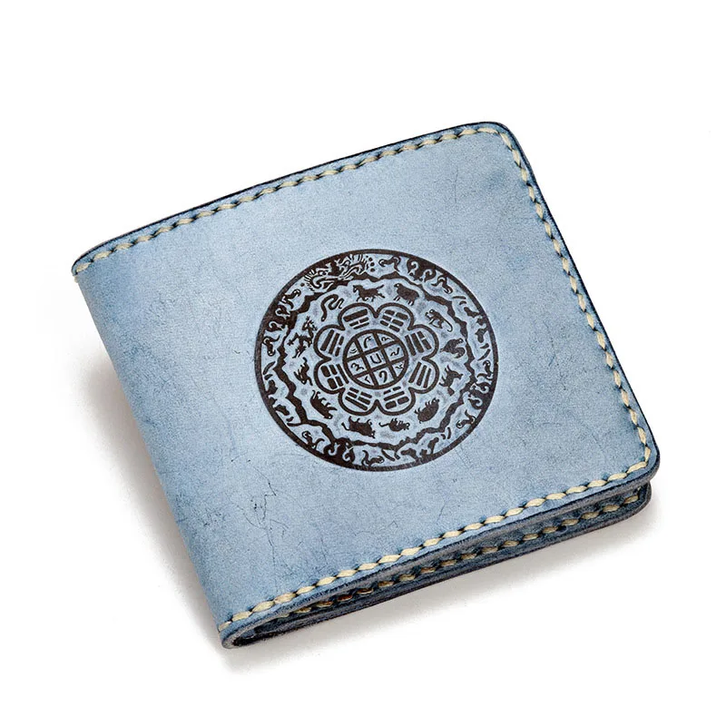 

Hand stitched fog wax cowhide men and women short paragraph wallet cross section wallet personality retro vegetable tanned leath
