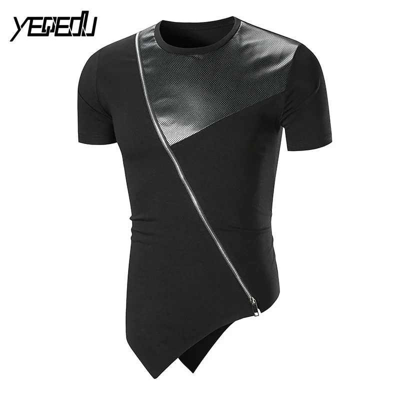 

#4115 Spliced leather Hip hop t shirt men Round neck Streetwear Extended Asymmetrical hem Oblique zipper Fashion Summer 2018