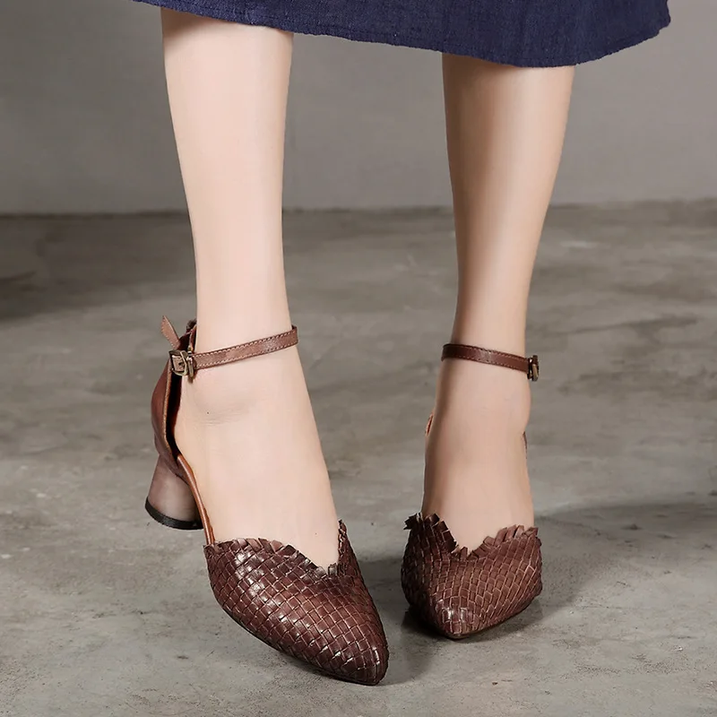 VALLU/ г., летняя женская обувь Туфли-лодочки с острым носком из плетеной натуральной кожи женские туфли на высоком квадратном каблуке с пряжкой на ремешке в этническом стиле