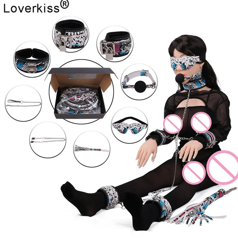 Loverkiss Snake Pattern Bondage Restraints Bdsm Set Sex Toys for Women,Collar Handcuffs Gag Whip Sex Mask Nipple Clamps cute stand collar see through parrots pattern tankini set for women