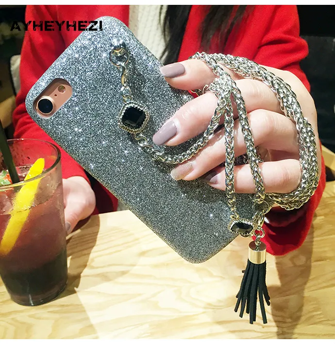 

Luxury Shiny Bling Glitter Sparkly Skin Crossbody Phone Case Handsfree for Iphone XS X 8 7 6S 6 Plus with Long Strap