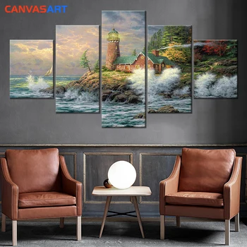 

Canvas Art 5 Piece Pictures Thomas Kincaid Lighthouse Seaside Dusk Cuadros Decoracion Dormitorio Wall Pictures for Living Room