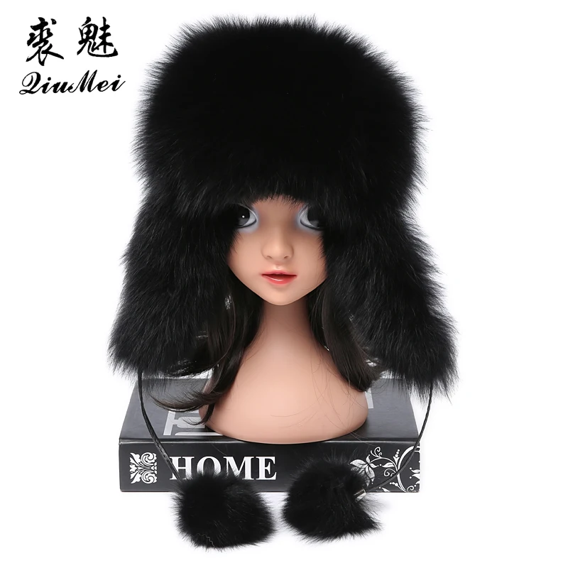 

QiuMei Russia Kids Hat Children Girls Warm Winter Fur Real Fur Baby Hat Solid Color Caps Kids Warm Ears Children Kids Bomber Hat