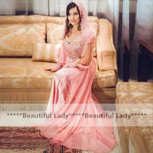 New 2017 Long Hijab Evening Dress Sweetheart A Line Beaded Chiffon Long Sleeve Evening Gowns Pink Color Dubai Women Formal Gown