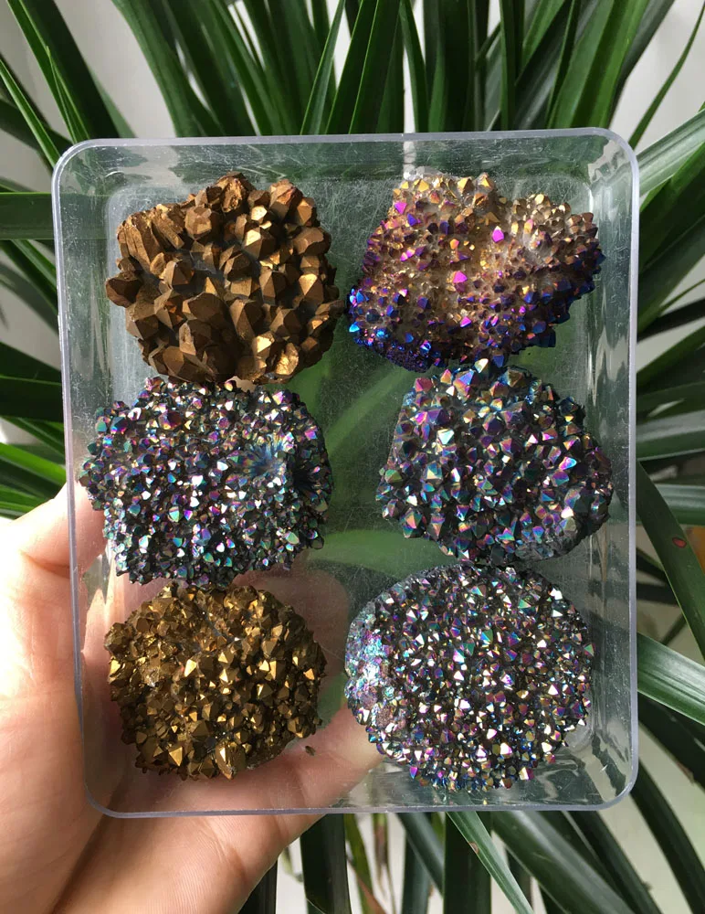 

302g 6pcs Hot sale Purple blue Aura Quartz Crystal Titanium Bismuth Silicon Cluster Rainbow fengshui healing