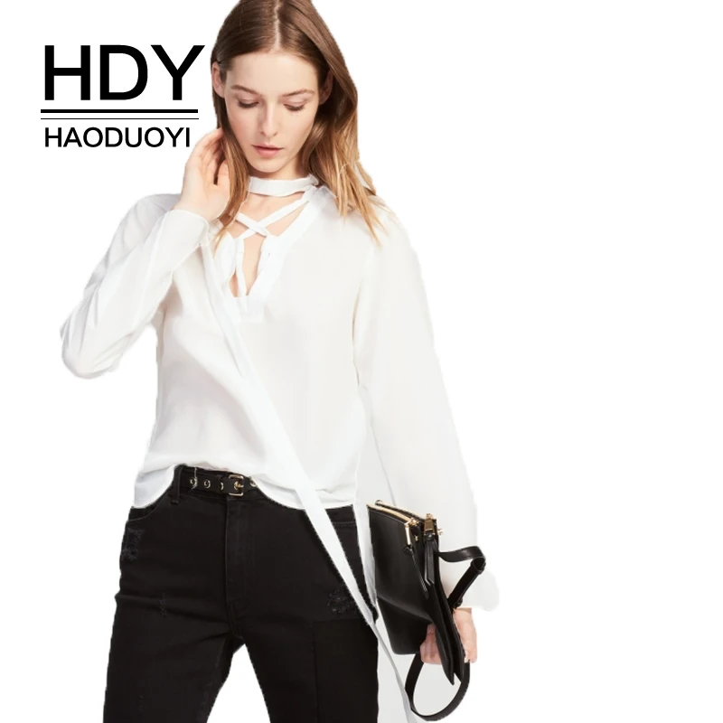 

HDY Haoduoyi Solid White/Black Casual Shirt Women V-Neck Lace Up Long Sleeve Elegant Fashion Blouse Female Tops Lady