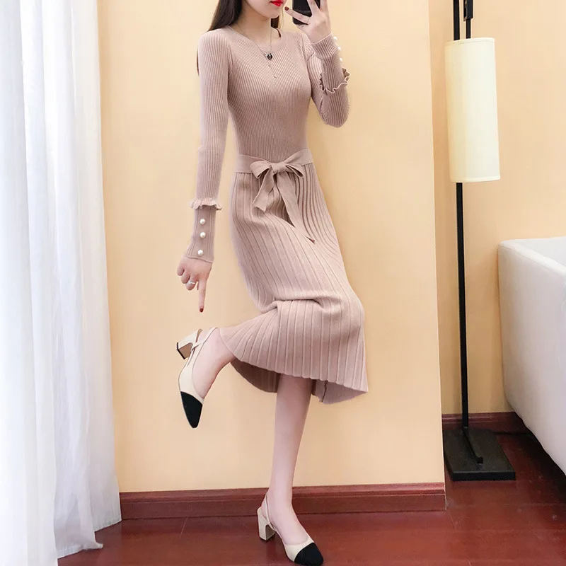 

Women dress knitted long dress autumn winter ladies sexy sweater dress long sleeve vintage Korean fashion casual pullovers