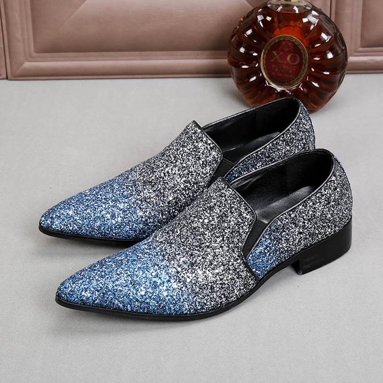Choudory Mens Glitter Shoes Blue Spiked Loafers Pointed