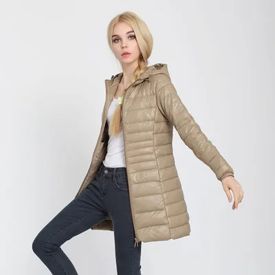 Женская теплая куртка Женское пальто тонкая брендовая пуховая парка ультра-легкая пуховая куртка пальто с капюшоном Длинная Элегантная верхняя одежда WUJ0335 - Цвет: Khaki
