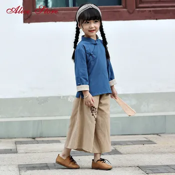 

2018 Autumn New Children's Tang suit Chinese style cotton and linen long-sleeved baby girls clothing sets Wide-leg pants sets