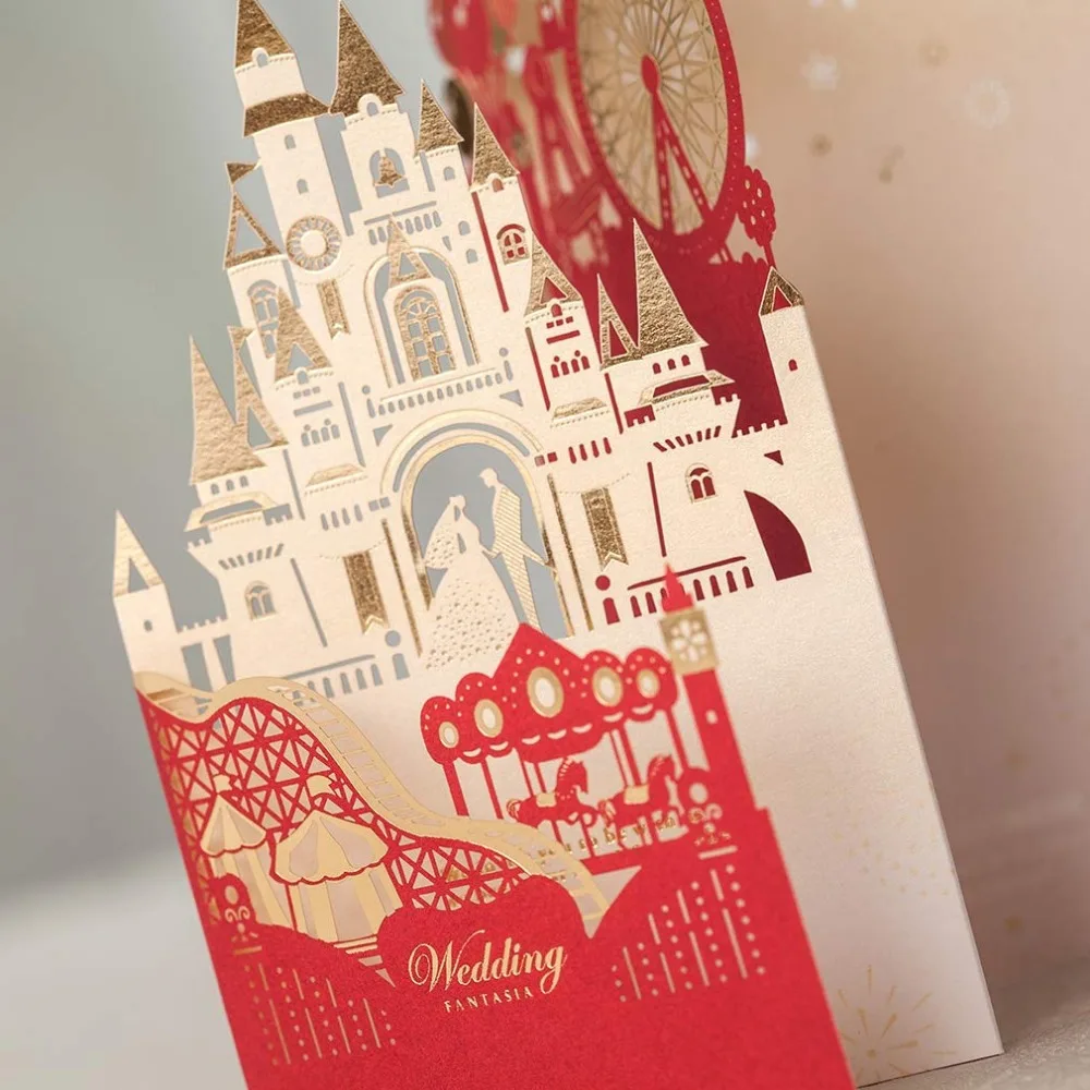  20Pcs Luxury Laser Cut 3D Pop Up Wedding Invitations Card with Envelops Elegant Gold & Red Customiz - 33020820064