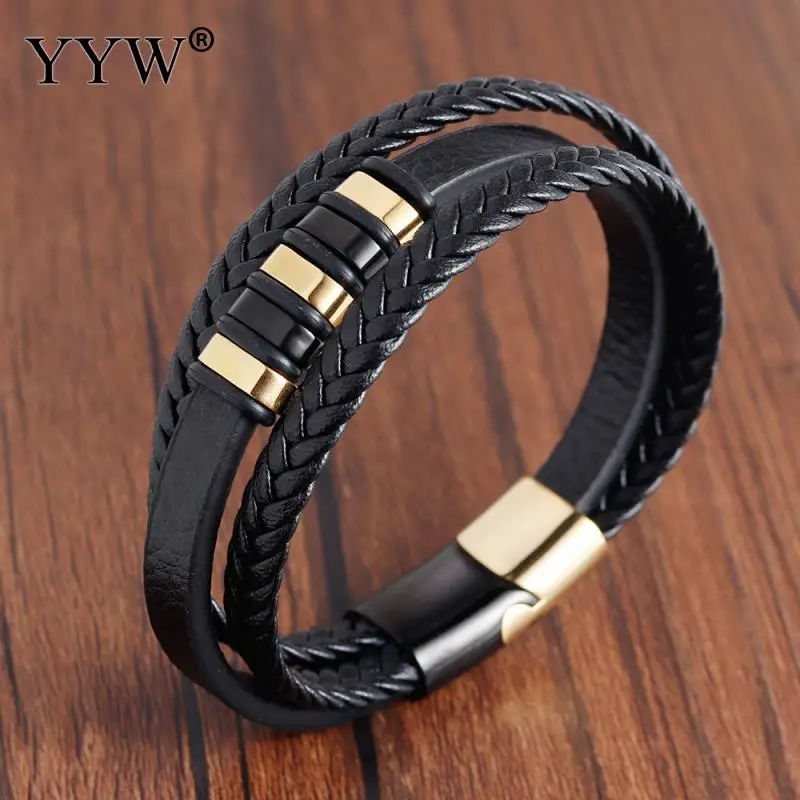 

New 3 Layers Black Gold Punk Style Design Genuine Leather Bracelet for Men Steel Magnetic Button Birthday Gift Male Bracelets