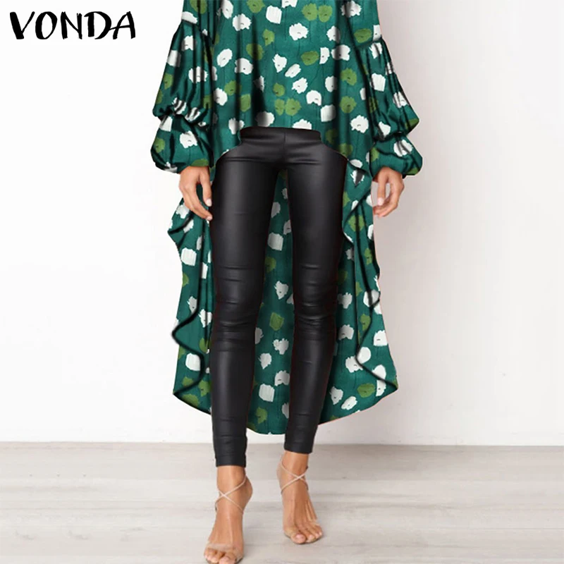 Повседневные женские блузки VONDA, свободные рубашки с длинным рукавом и принтом, топы с рукавом-фонариком, женские топы размера плюс, повседневные блузы с неровным подолом 5XL