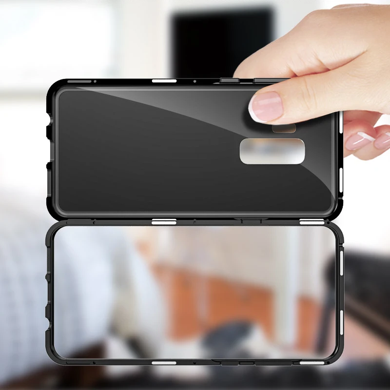 Magnetic Adsorption Flip Case for Samsung Galaxy Note 9 S8 S9 Plus Tempered Glass Back Cover Luxury Metal Bumpers Hard Case