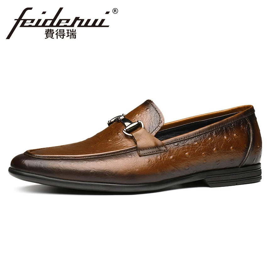 

Luxury Genuine Leather Men's Ostrich Pattern Comfortable Loafers Round Toe Slip on Metal Tips Handmade Man Driving Shoes YMX653