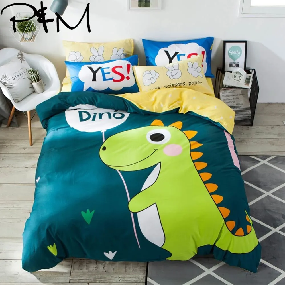 

Papa&Mima Cartoon Green little dinosaur print bedding set Cotton twin Full Queen size duvet cover flat sheet pillowcase sets