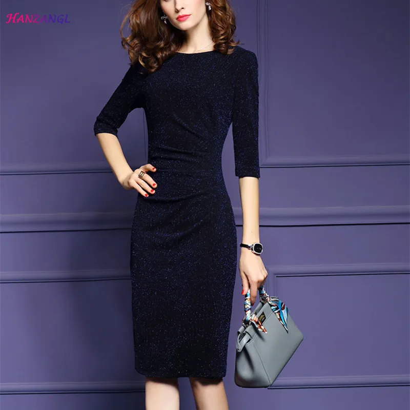 

HANZANGL New 2019 Spring Summer Womens Half Sleeve Elegant Solid Color Wear to Work Business Office Sheath Bodycon Pencil Dress